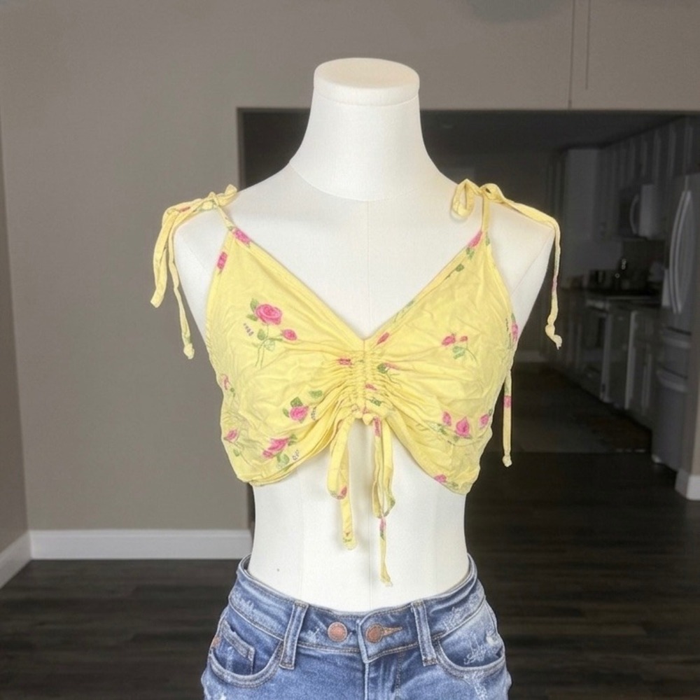 Lottie Moss Floral Ruched Front Tie Shoulder Crop Top Yellow Medium Summer Boho